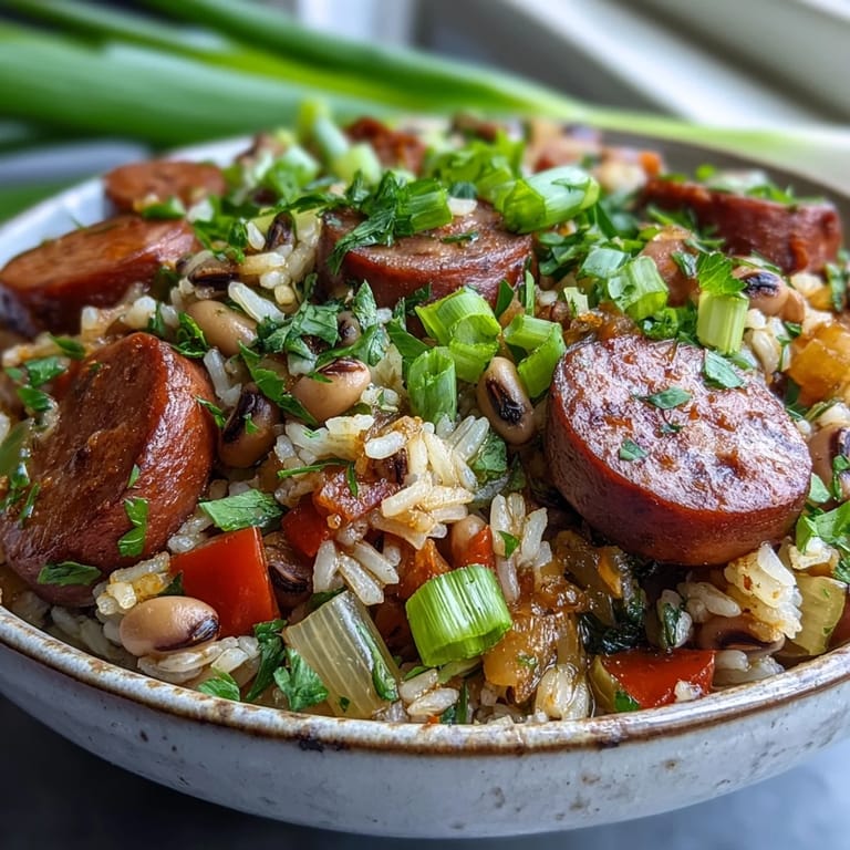 A spoon lifts a serving of Black-Eyed Pea Jambalaya, garnished with fresh parsley and green onions.