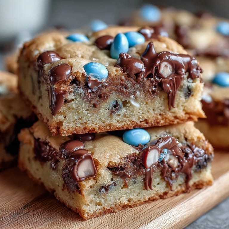 Chewy cookie bars packed with colorful pastel M&Ms and chopped Cadbury mini eggs, baked until golden for a festive treat.