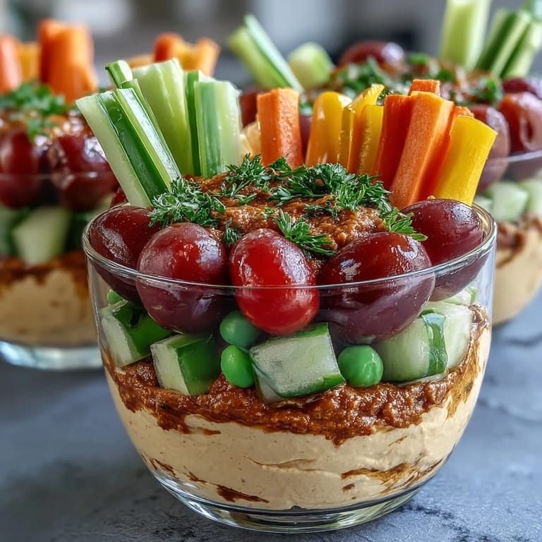 Colorful veggie sticks and smooth hummus arranged in grab-and-go cups, perfect for healthy snacking anywhere.