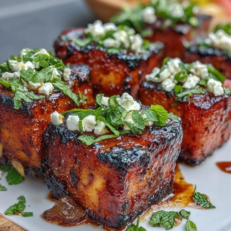 Sweet grilled watermelon pairs with salty feta and mint in a vibrant Mediterranean salad, perfect for summer cookouts.