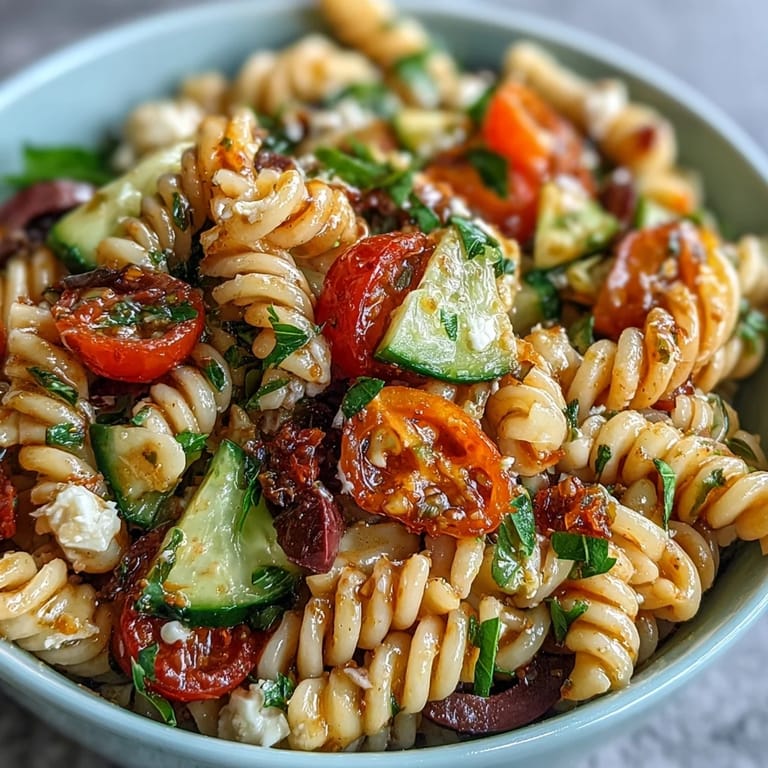 Refreshing pasta salad with Italian dressing, featuring crisp veggies and mozzarella pearls for a zesty bite.
