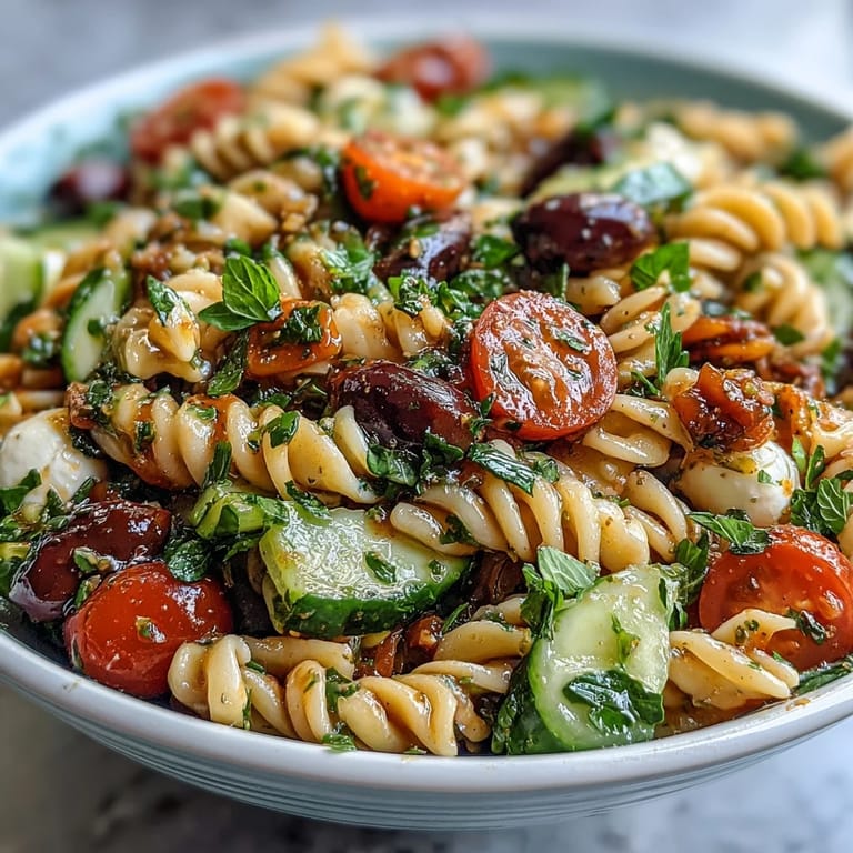 Easy pasta salad with Italian dressing, perfect for summer gatherings and outdoor meals.  