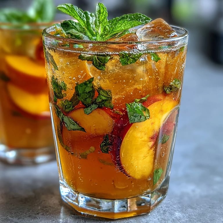 Refreshing Mango Peach Sparkling Tea garnished with fresh peach slices and mint leaves, perfect for summer.