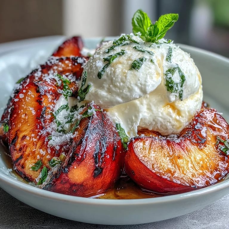 Sweet, smoky grilled peaches paired with burrata cheese and honey over arugula for a Mediterranean-inspired salad.