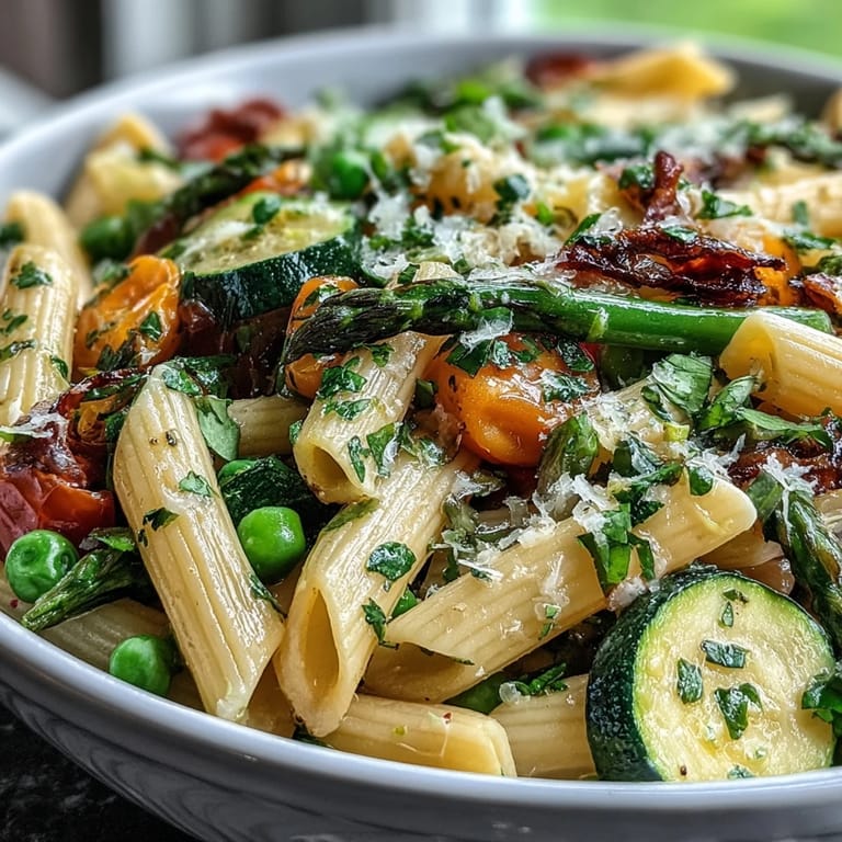 Bright Spring Pasta Primavera with crisp asparagus, zucchini, and peas, finished with a light lemon-herb sauce and Parmesan.