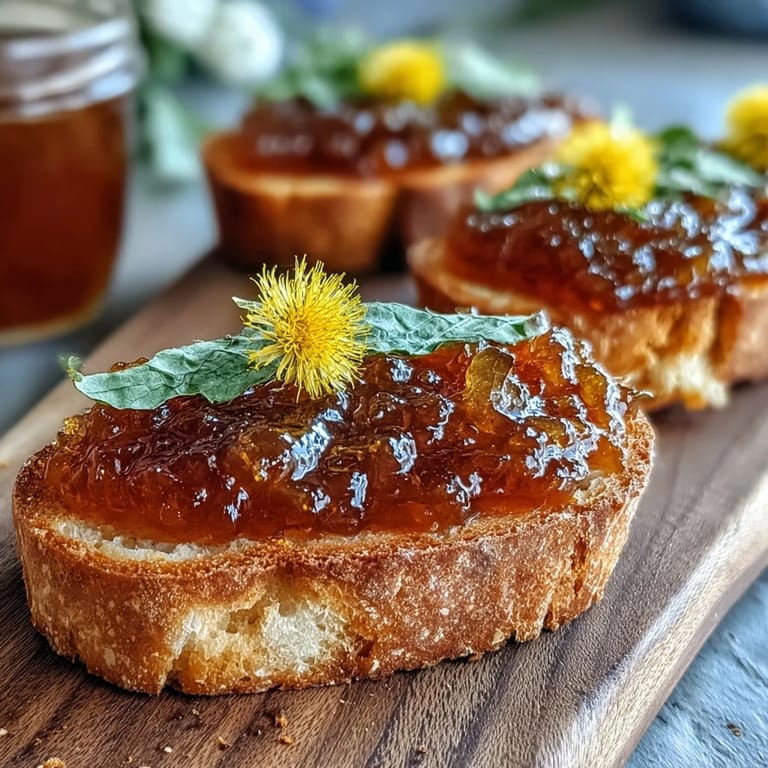 A jar of homemade dandelion jelly glistens, with golden petals visible in the translucent spread, perfect for gifting.