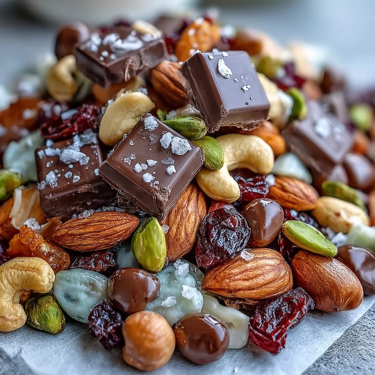 Homemade Trail Mix with Dark Chocolate combining roasted nuts, chewy fruits, and decadent chocolate for a satisfying treat.