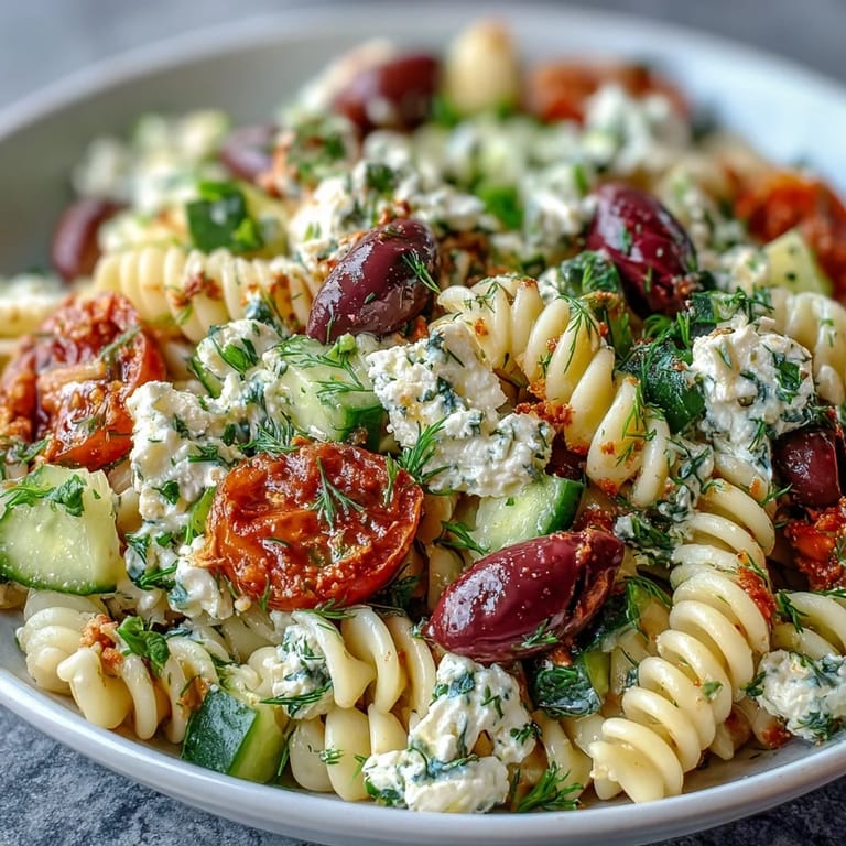 Bright and refreshing Greek pasta salad with juicy tomatoes, cool cucumbers, and feta, tossed with Kalamata olives and herbs for a perfect summer side dish.