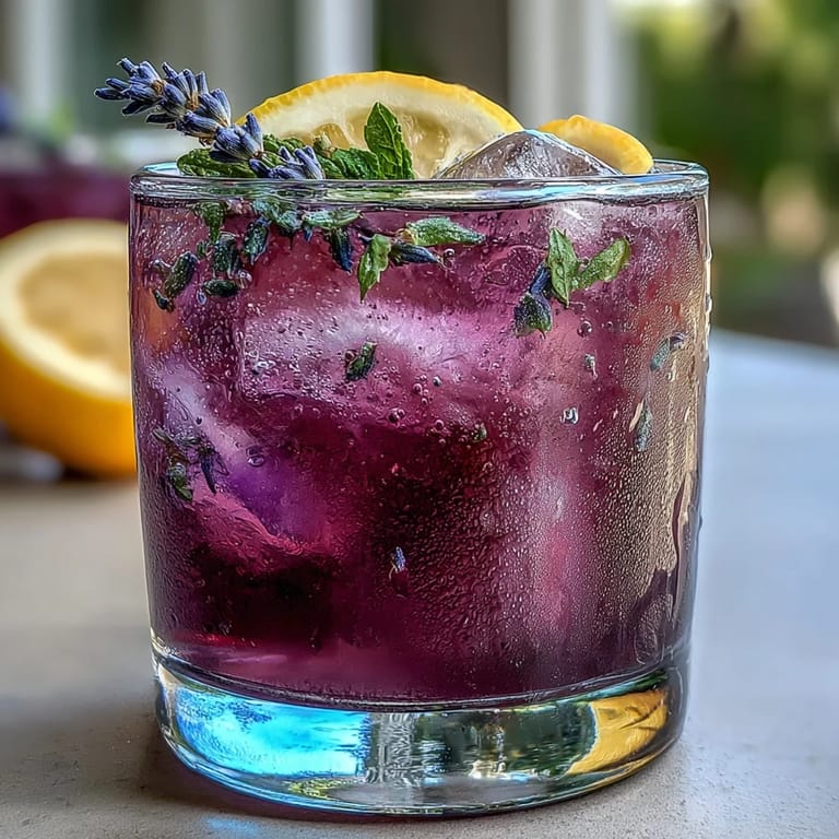 Vibrant purple lavender lemonade with butterfly pea flower tea, garnished with fresh mint and lemon for a stunning summer drink.