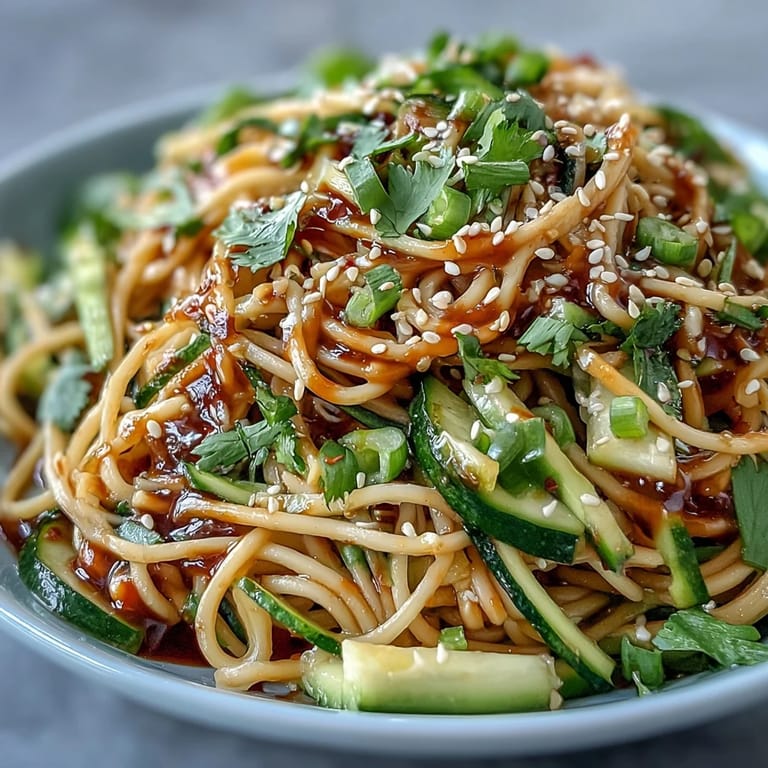 Refreshing Cold Sesame Noodle Bowl with Cucumber, vibrant vegetables, and a zesty lime wedge for added flavor.