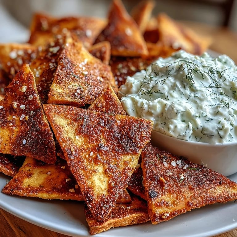 Golden-baked pita chips served alongside cool, herby tzatziki — a refreshing Mediterranean appetizer for any gathering.