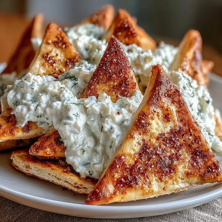 Freshly baked pita chips paired with tangy, garlicky tzatziki, ideal for parties or a light afternoon treat.