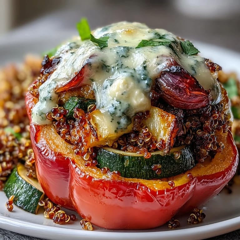 Vibrant bell peppers packed with savory quinoa, cheese, and baked until tender.