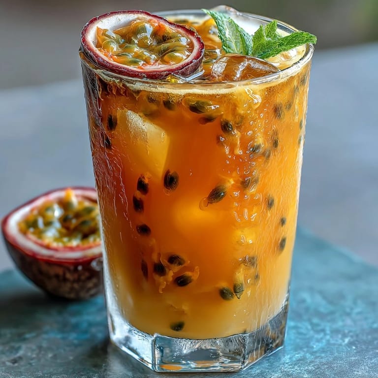 Refreshing Tropical Sunrise Mocktail featuring passionfruit and orange juices, garnished with fresh orange slices and mint for a tropical touch.
