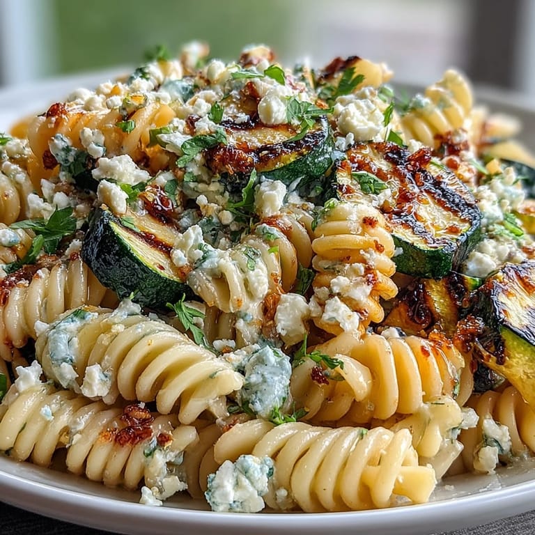 A colorful pasta salad featuring smoky grilled zucchini, sweet corn, and tangy Cotija cheese, perfect for picnics.  