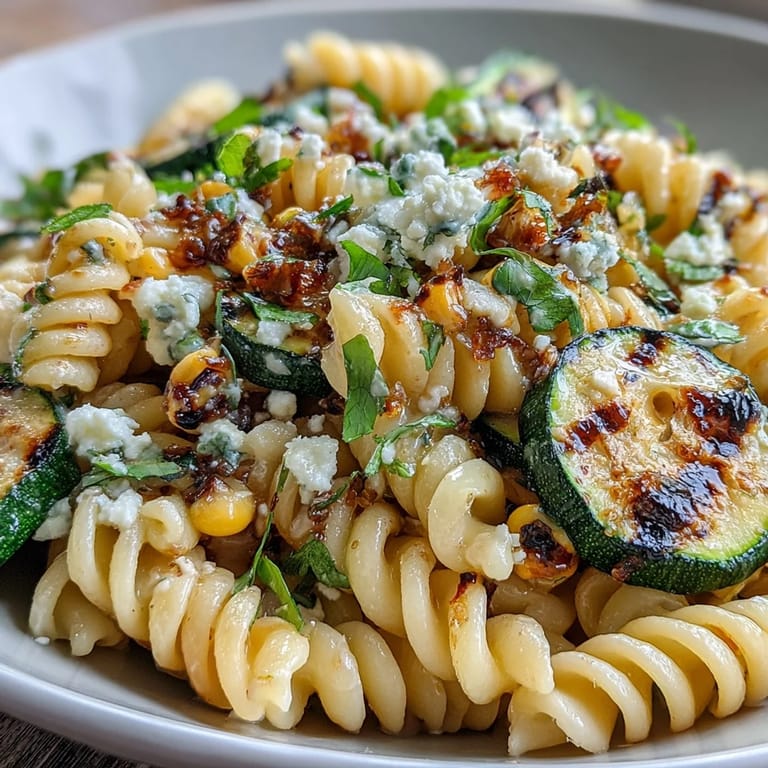 Fresh pasta salad with charred zucchini, juicy corn, and crumbled Cotija, drizzled with a bright lime-cumin dressing.