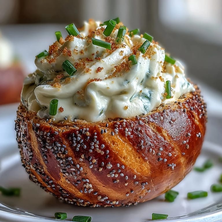 Classic deviled eggs get a twist with everything bagel seasoning, cream cheese, and a sprinkle of chives.