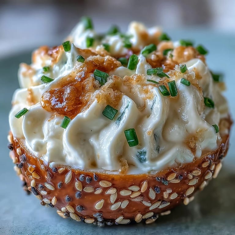 Everything bagel deviled eggs with cream cheese and fresh chives, garnished with bold, crunchy seasoning.  