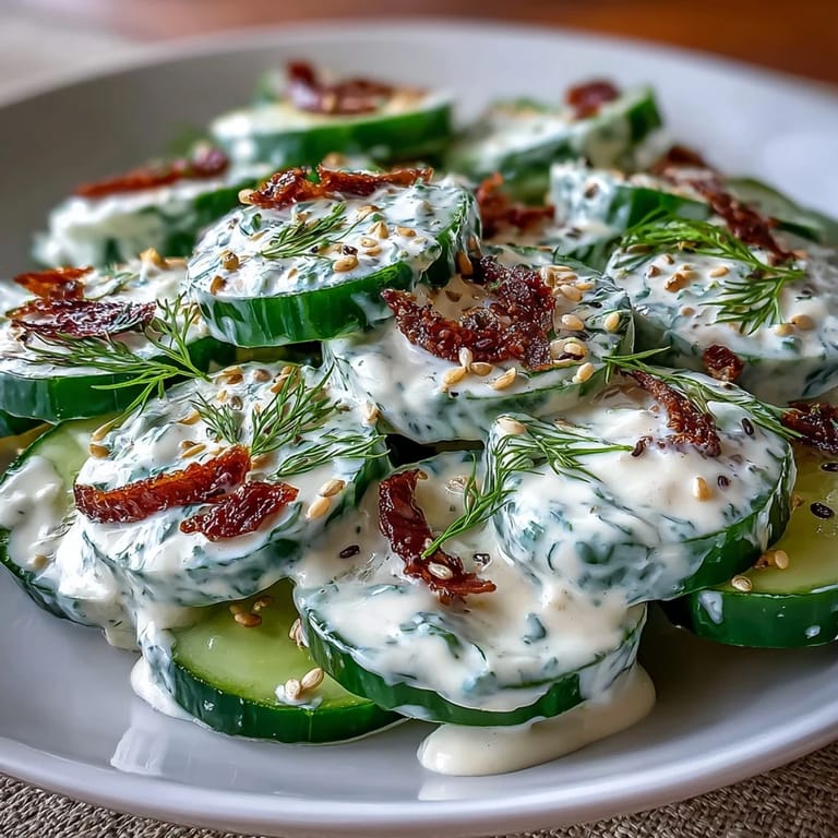 Refreshing cucumber salad with creamy dressing and crunchy everything bagel seasoning, ideal for a quick, healthy meal.  