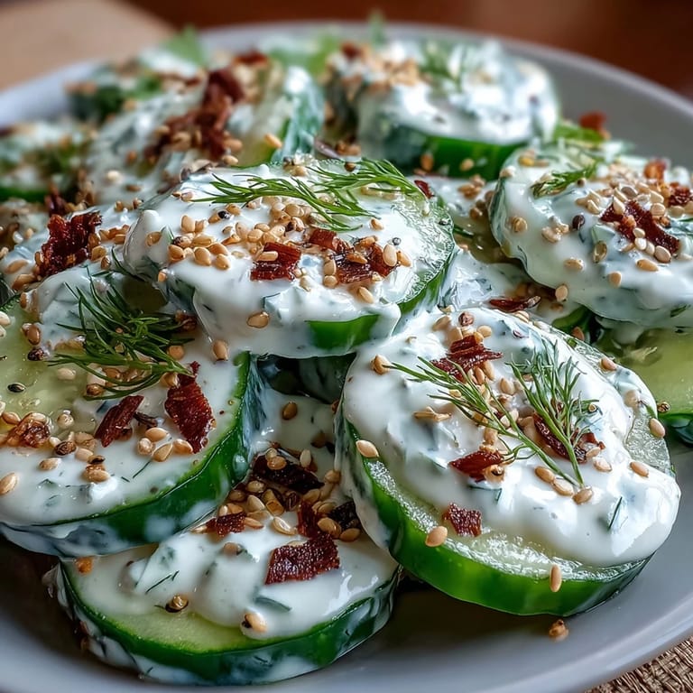 Cool cucumber slices coated in zesty everything bagel dressing, garnished with green onions for a vibrant, savory salad.