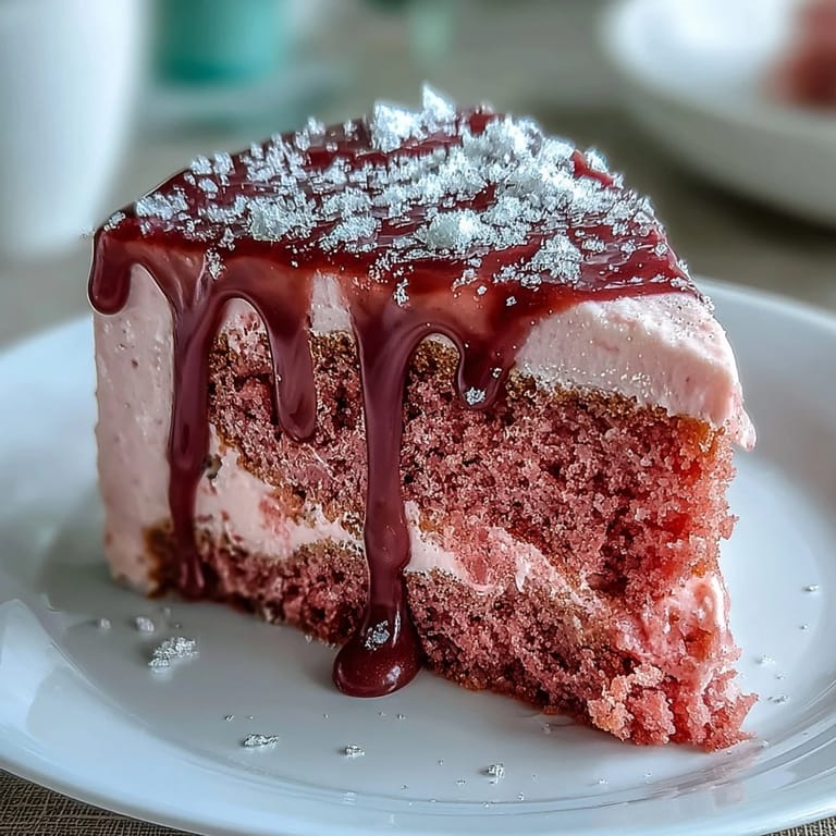 Elegant pink rosé velvet cake layers frosted with cream cheese icing and adorned with shimmering gold drip for a luxurious bridal shower dessert.