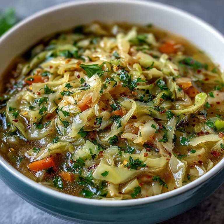 Freshly prepared Spring Detox Cabbage Soup, showcasing tender cabbage and bright herbs.