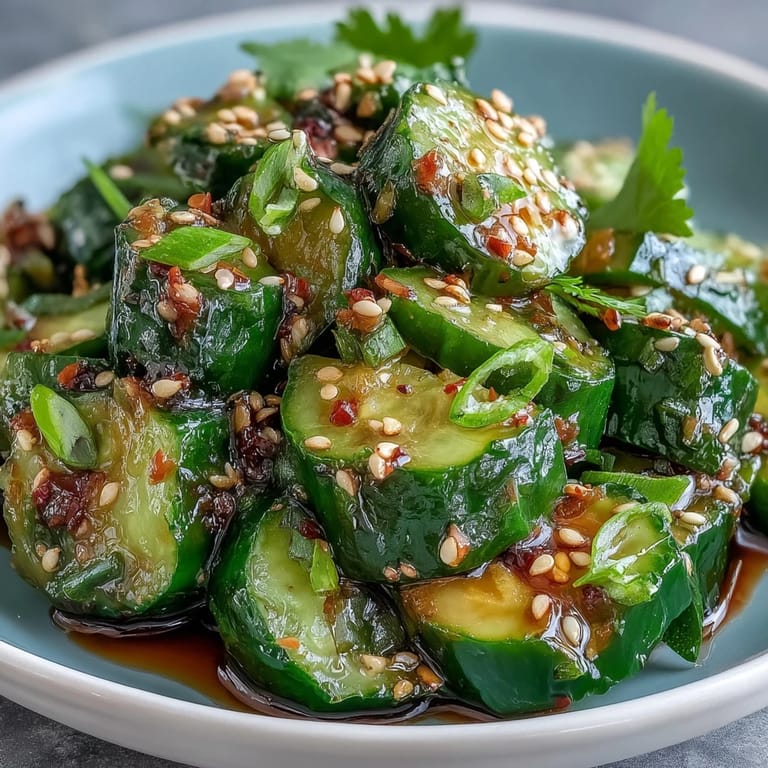 Easy Smashed Cucumber Salad photo showing garlic, sesame oil, and green garnishes.