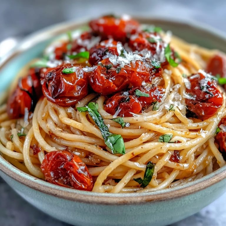 Tender cherry tomatoes confited in fragrant garlic oil, served atop perfectly cooked spaghetti.