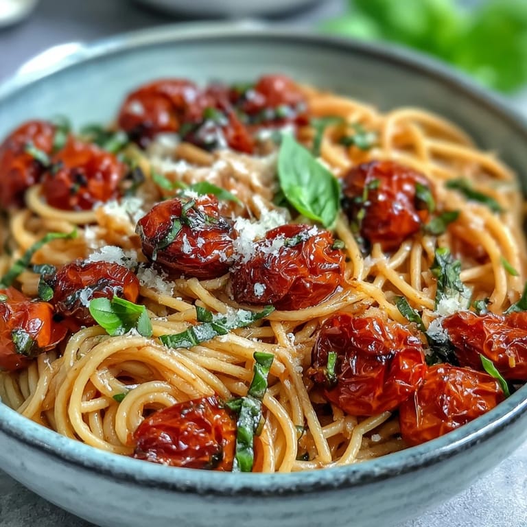 Vibrant Cherry Tomato Confit Pasta invitingly garnished with basil and melted cheese.