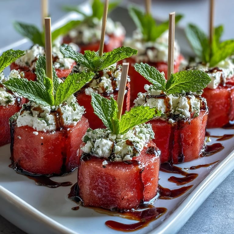 Juicy watermelon feta bites with fresh mint, a perfect party starter.