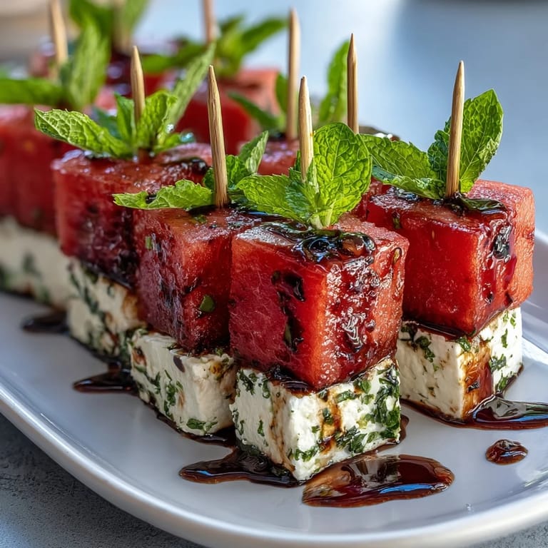 Refreshing watermelon feta bites, a visually appealing, bite-sized summer treat.