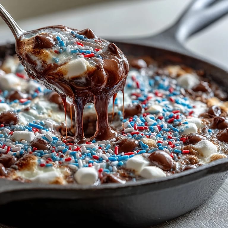Festive, easy 4th of July S'mores Dip baked golden brown in a bubbling cast iron skillet.