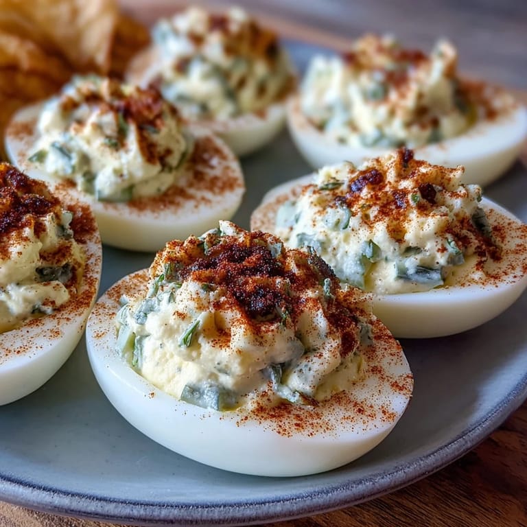 Close-up of deviled eggs featuring sweet pickle relish, seasoned and beautifully presented.