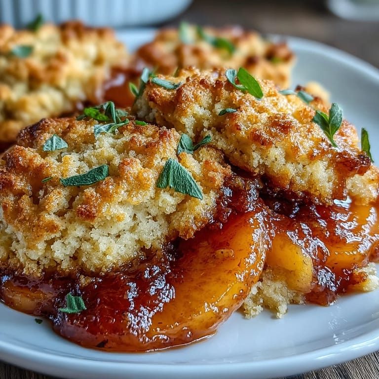 Close-up of a slice of warm Peach Cobbler with a scoop of ice cream.