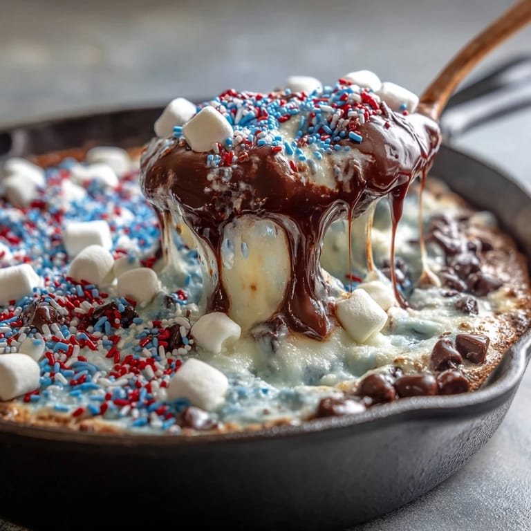A bubbly 4th of July S'mores Dip in cast iron, ready for scooping with graham crackers.