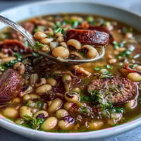 A steaming bowl of Southern-Style Black-Eyed Peas, simmered with smoky sausage and served with hot sauce for a hearty comfort food meal.