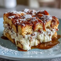 Golden-brown Monte Cristo Breakfast Casserole with powdered sugar and maple syrup drizzle.