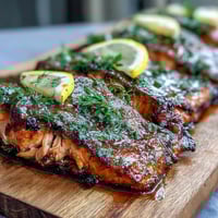 Cedar Plank Salmon with Lemon Dill, a smoky grilled salmon infused with fresh herbs and citrus zest.