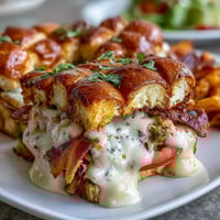 Derby Party Hot Brown Sliders on Brioche Buns with golden turkey, crispy bacon, and creamy Mornay sauce, baked to perfection and garnished with parsley.