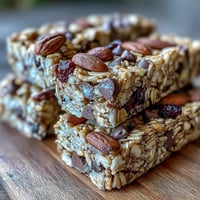 No-Bake Granola Energy Bars with oats, nuts, and dried fruit, stacked on a rustic wooden board.