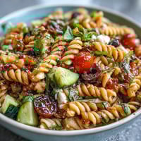 A vibrant picnic pasta salad with Italian dressing, bursting with colorful vegetables and fresh herbs.  
