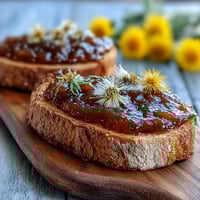 Golden dandelion jelly spread on a rustic slice of toast, capturing the light floral essence of spring.