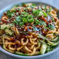 Cold Sesame Noodle Bowl with Cucumber, garnished with julienned carrots and fresh cilantro, served in a white bowl.  