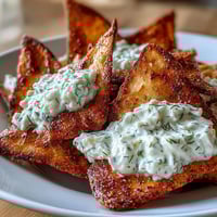 Crispy homemade pita chips with creamy tzatziki, perfect for dipping and snacking on a sunny afternoon.