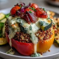 Golden baked quinoa stuffed bell peppers overflowing with colorful roasted vegetables.