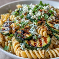 Pasta salad with grilled zucchini, corn, and Cotija, tossed in a zesty lime dressing for a vibrant summer meal.  