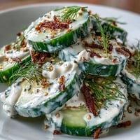 Crisp cucumbers tossed in tangy Greek yogurt dressing with everything bagel seasoning, perfect for a light lunch or snack.  