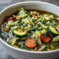 Hearty Spring Detox Cabbage Soup bowl with vibrant ginger and lemon garnishes.
