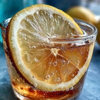 Sparkling Fermented Lemonade photo with bubbly condensation, refreshing served over ice.