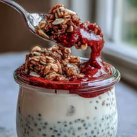 Vibrant Lemon Chia Parfait glistening with raspberry swirls and crunchy granola topping.